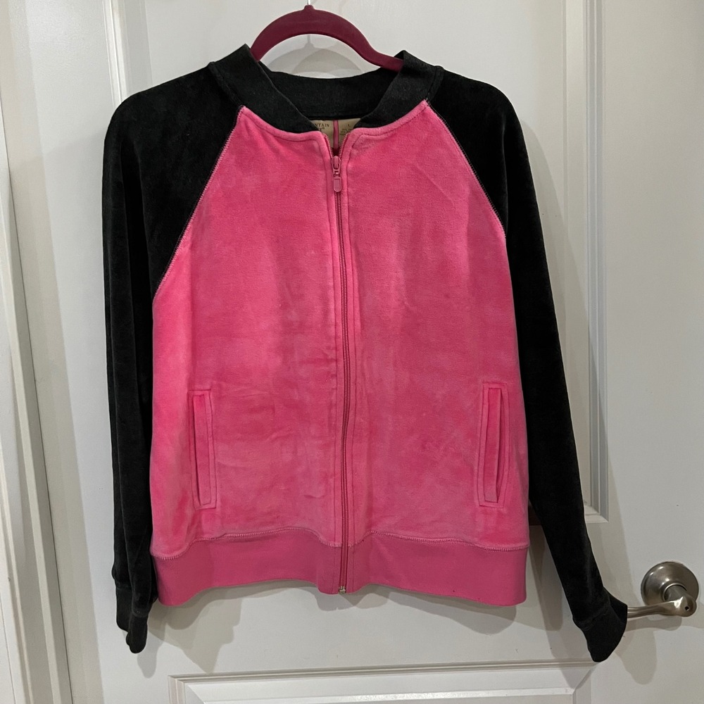 VTG Mountain Lake Casuals Velour Track Jacket Pink Black Colorblock Zip Up Large